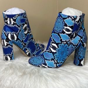 ANIKA Blue Multi Snake Print Heel Ankle Boots